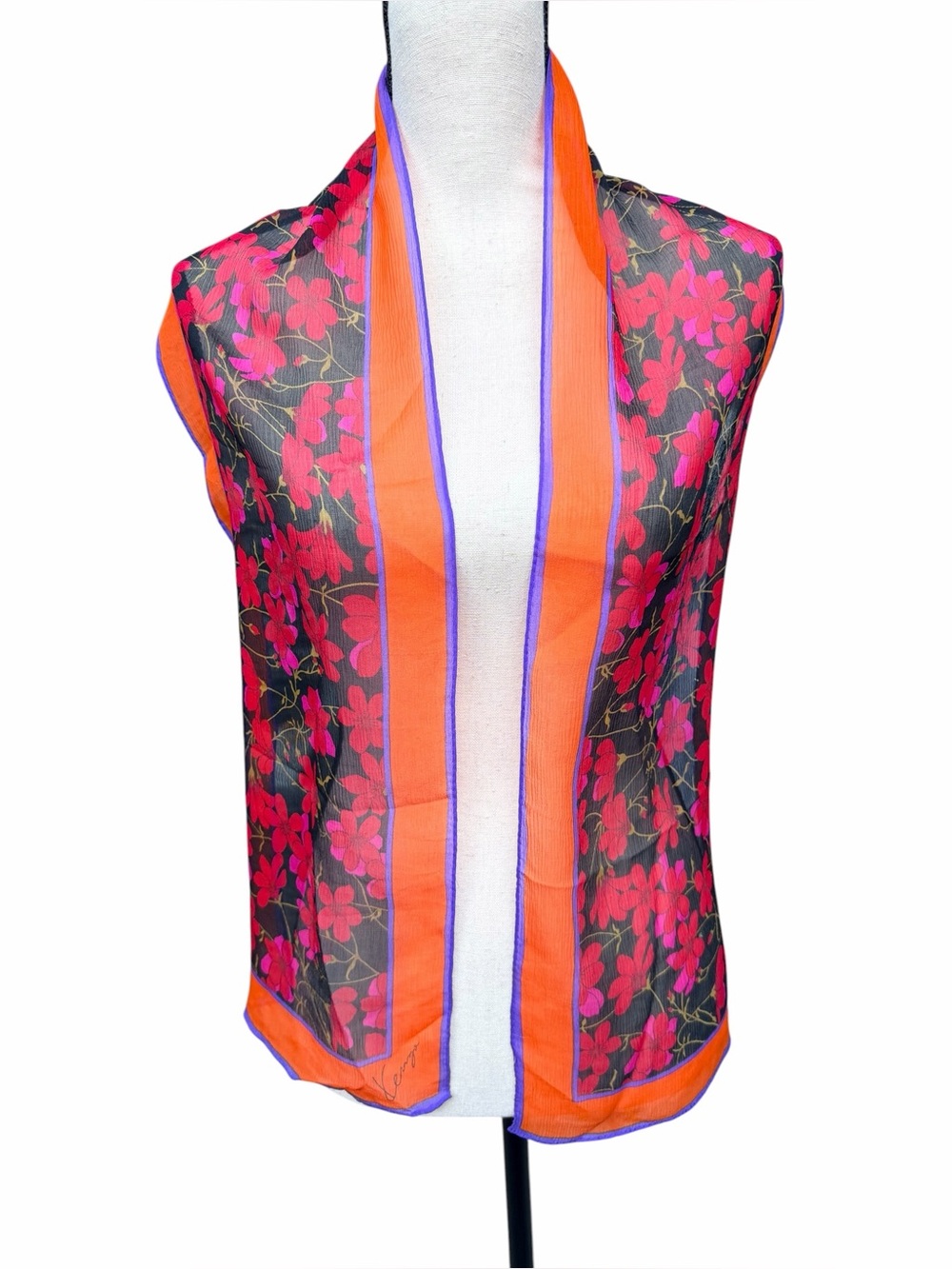 Kenzo Paris Silk Chiffon Floral Scarf Orange Pink Black Hand Rolled Hem